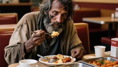 He sat down at a table, looking every bit like a homeless man—but the moment he spoke, the entire café fell silent.