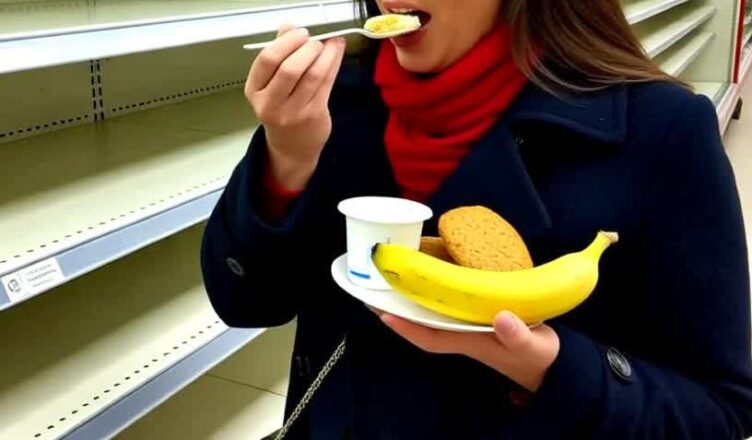 A woman, clad in a dark coat and a striking red scarf, was caught on camera in an almost-empty supermarket