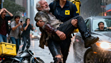The cry for help was barely audible at first—thin, fragile, almost swallowed by the roar of speeding cars.