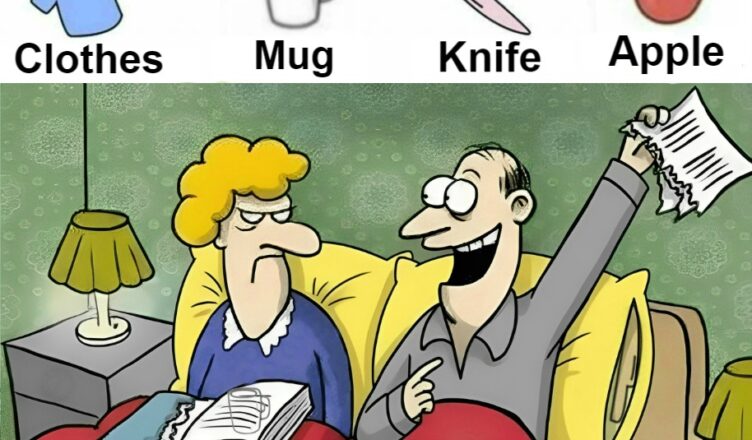 Look for: clothes, mug, knife, apple.