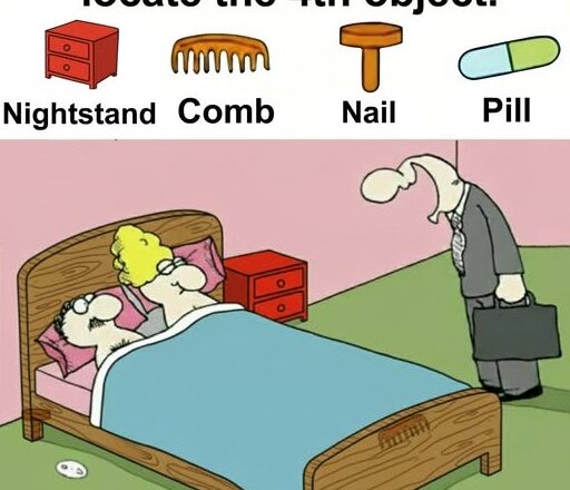 Can you spot the nightstand, comb, nail, and pill?