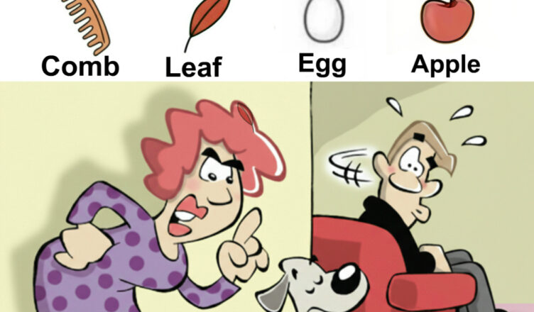 Find Comb, Leaf, Egg, Apple.