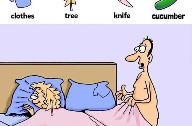 Find the clothes, the tree, the knife, and the cucumber hidden in this image.