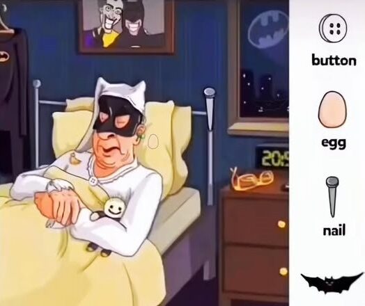 Hidden in the picture are 4 objects: a Button, an Egg, a Nail, and a Bat. Can you spot them all?