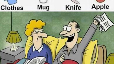Hidden in the picture are a Clothes, Mug, Knife, and Apple — but only the sharpest eyes will find every one of them!