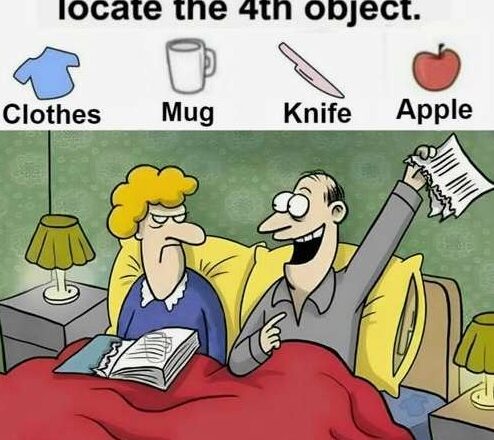 Hidden in the picture are a Clothes, Mug, Knife, and Apple — but only the sharpest eyes will find every one of them!