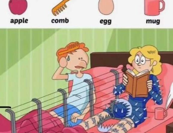 Find apple, comb, egg, mug.