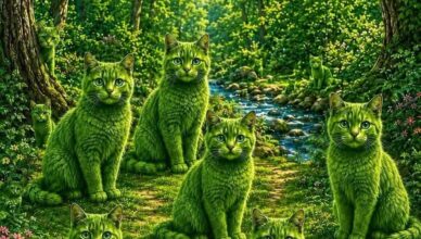 Look closely at the picture and count all the green cats hidden in the scene. Some are easy to spot, while others are cleverly disguised!