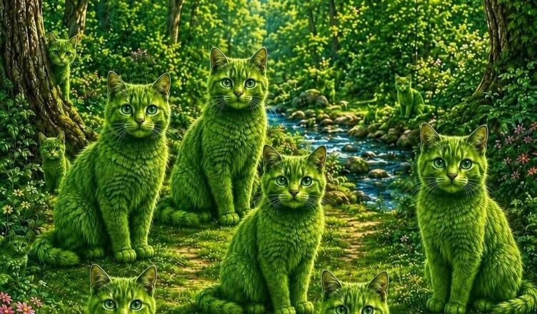 Look closely at the picture and count all the green cats hidden in the scene. Some are easy to spot, while others are cleverly disguised!